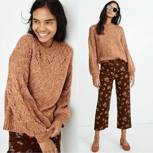 Madewell Pointelle Bubble-Sleeve Pullover Sweater in Marled Acorn Brown Small